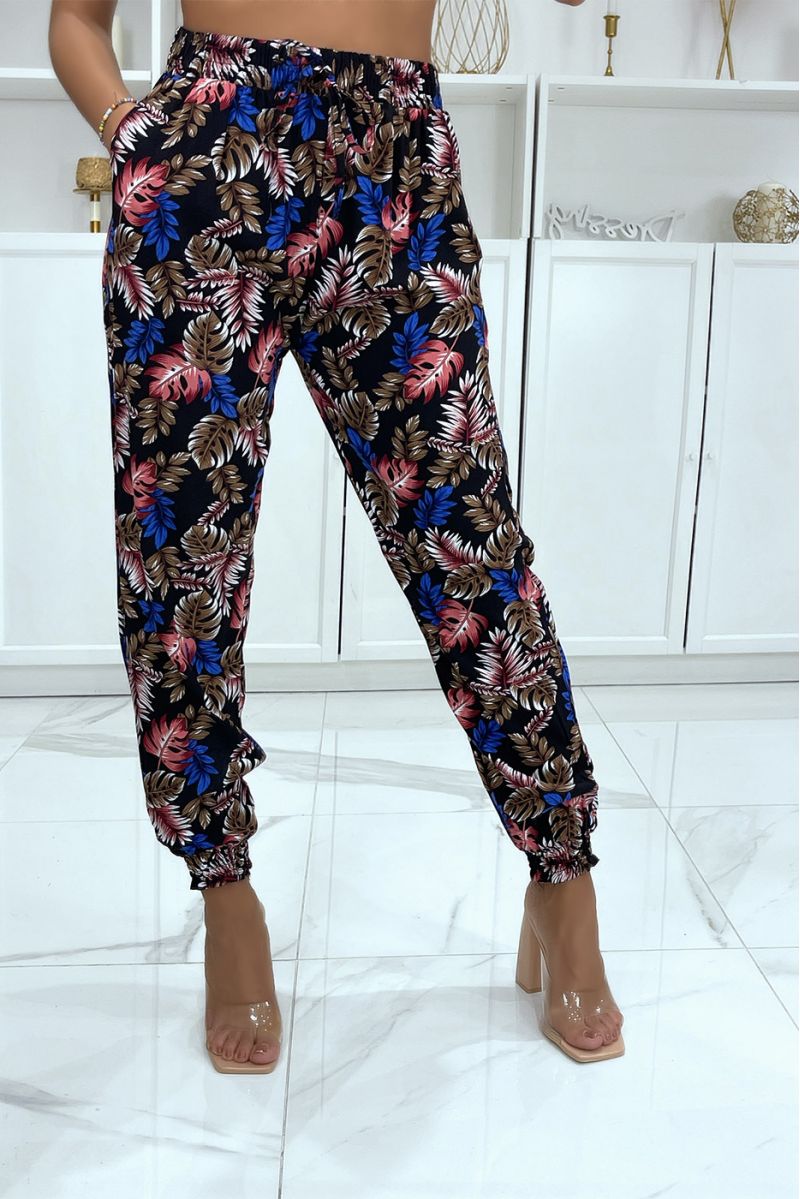 Black and royal leaf pattern trousers, fluid elastic at the waist - 2