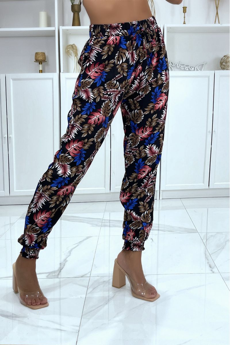Black and royal leaf pattern trousers, fluid elastic at the waist - 3