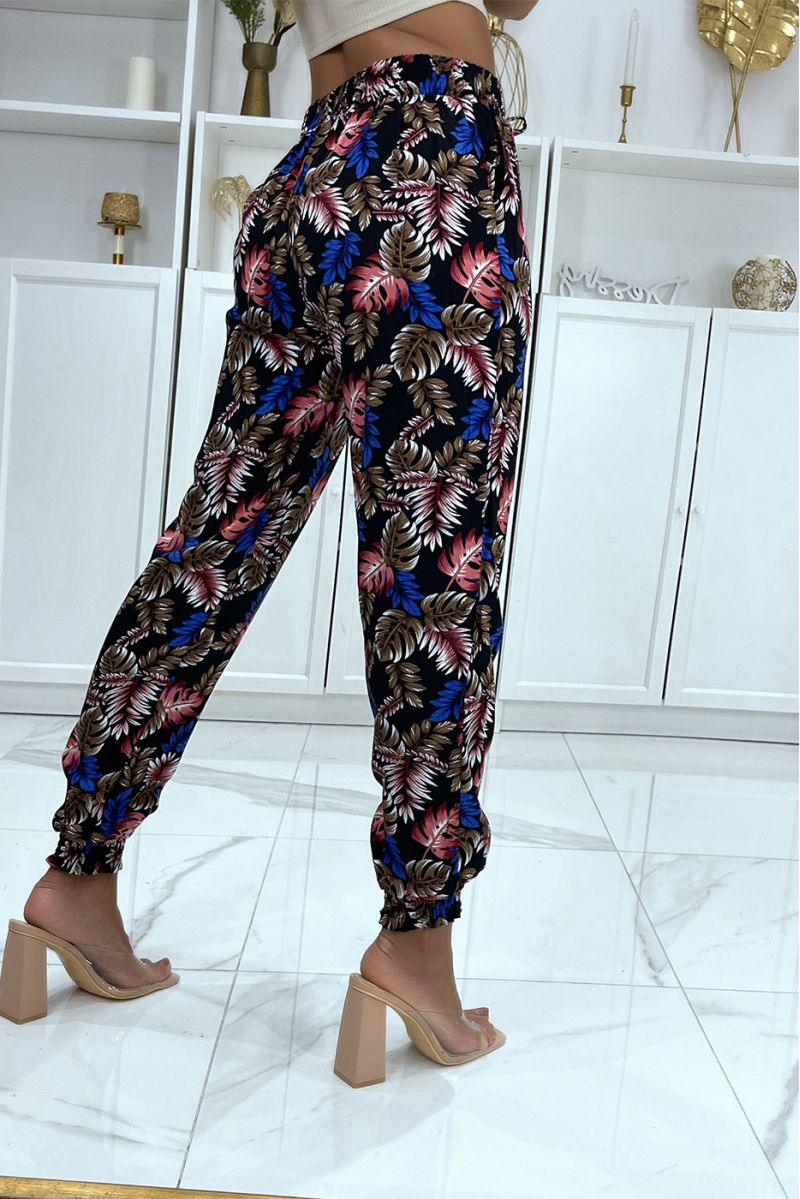 Black and royal leaf pattern trousers, fluid elastic at the waist - 4