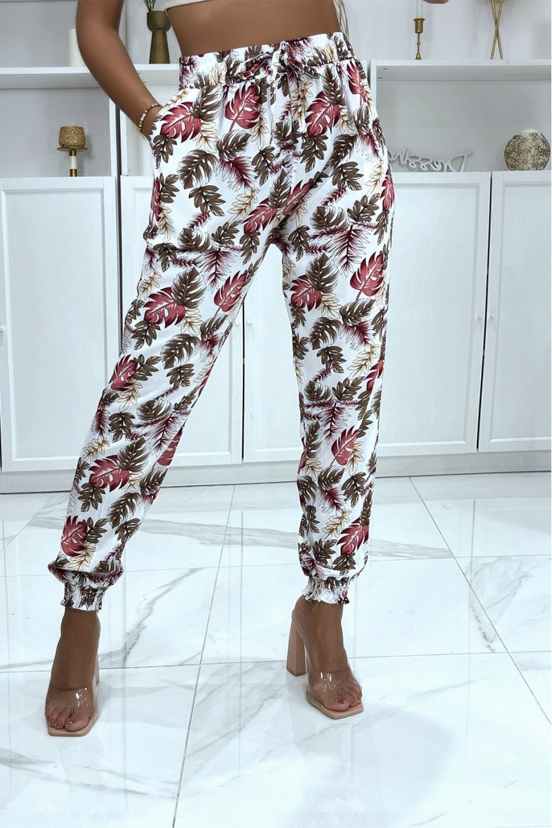White leaf pattern trousers, fluid elastic at the waist - 1