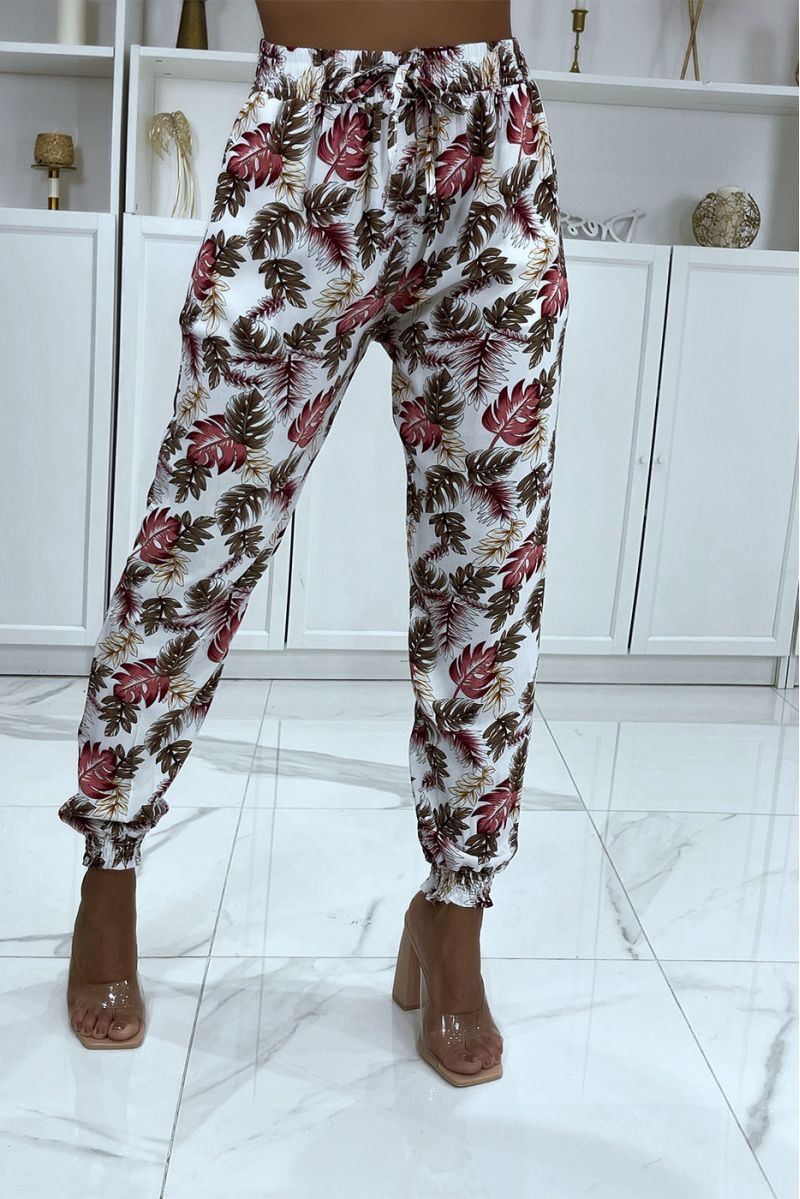 White leaf pattern trousers, fluid elastic at the waist - 2