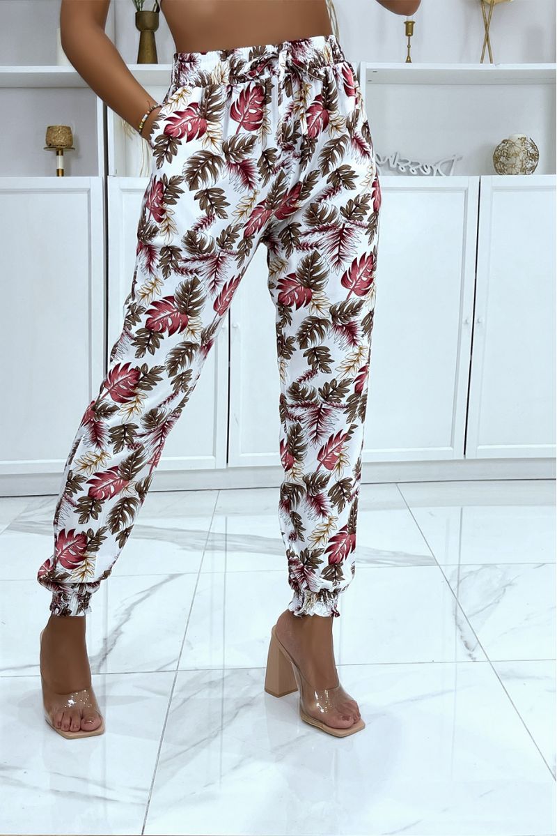 White leaf pattern trousers, fluid elastic at the waist - 3