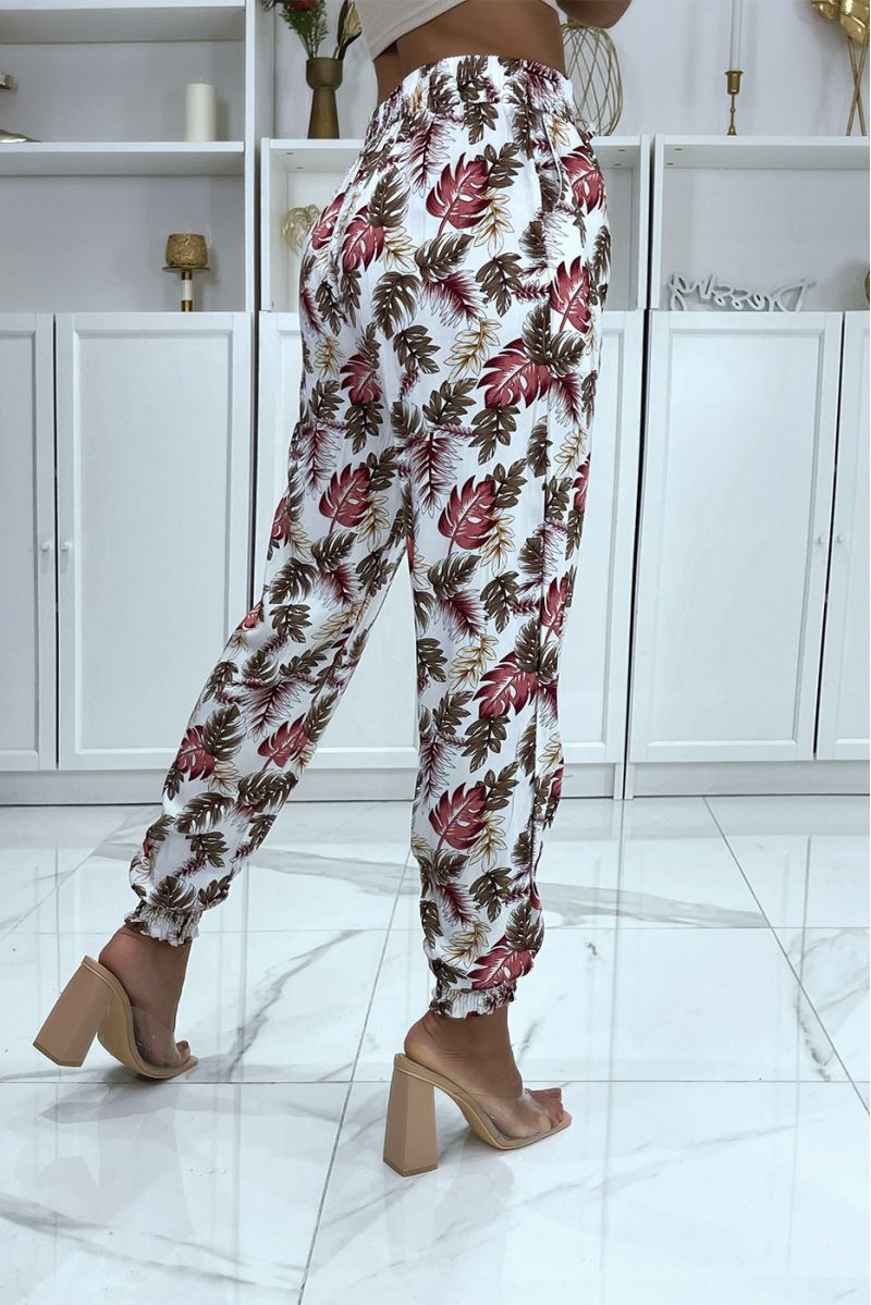 White leaf pattern trousers, fluid elastic at the waist - 5
