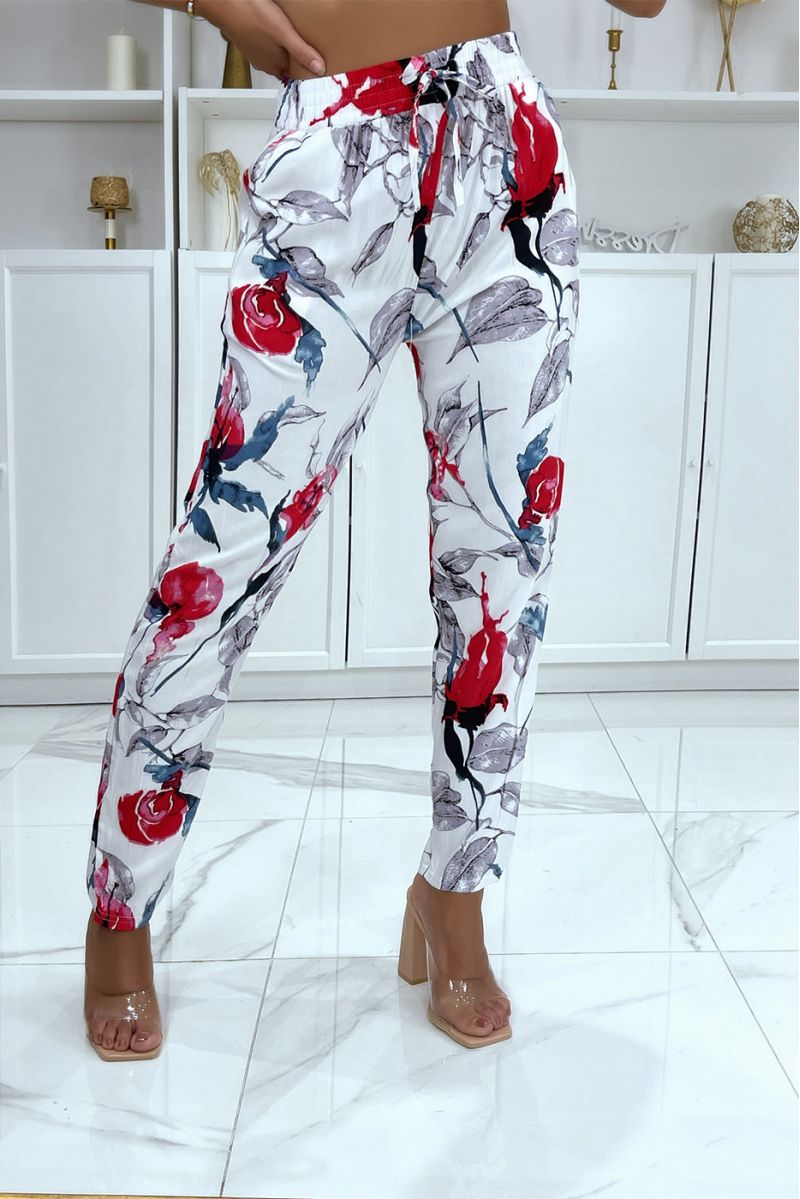 Straight-cut white flowing pants with large tropical print - 1