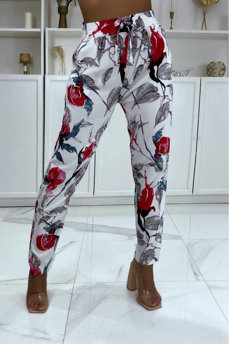 Straight-cut white flowing pants with large tropical print - 2