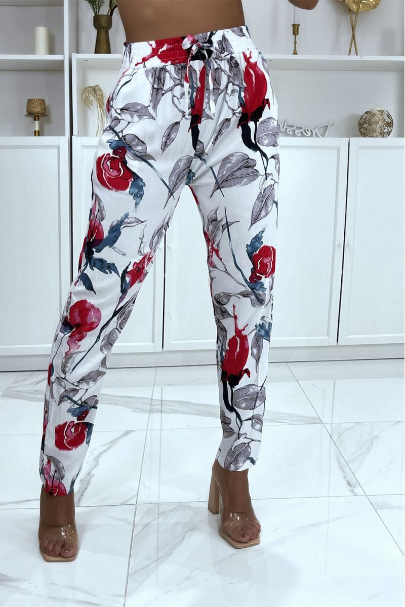 Straight-cut white flowing pants with large tropical print - 3