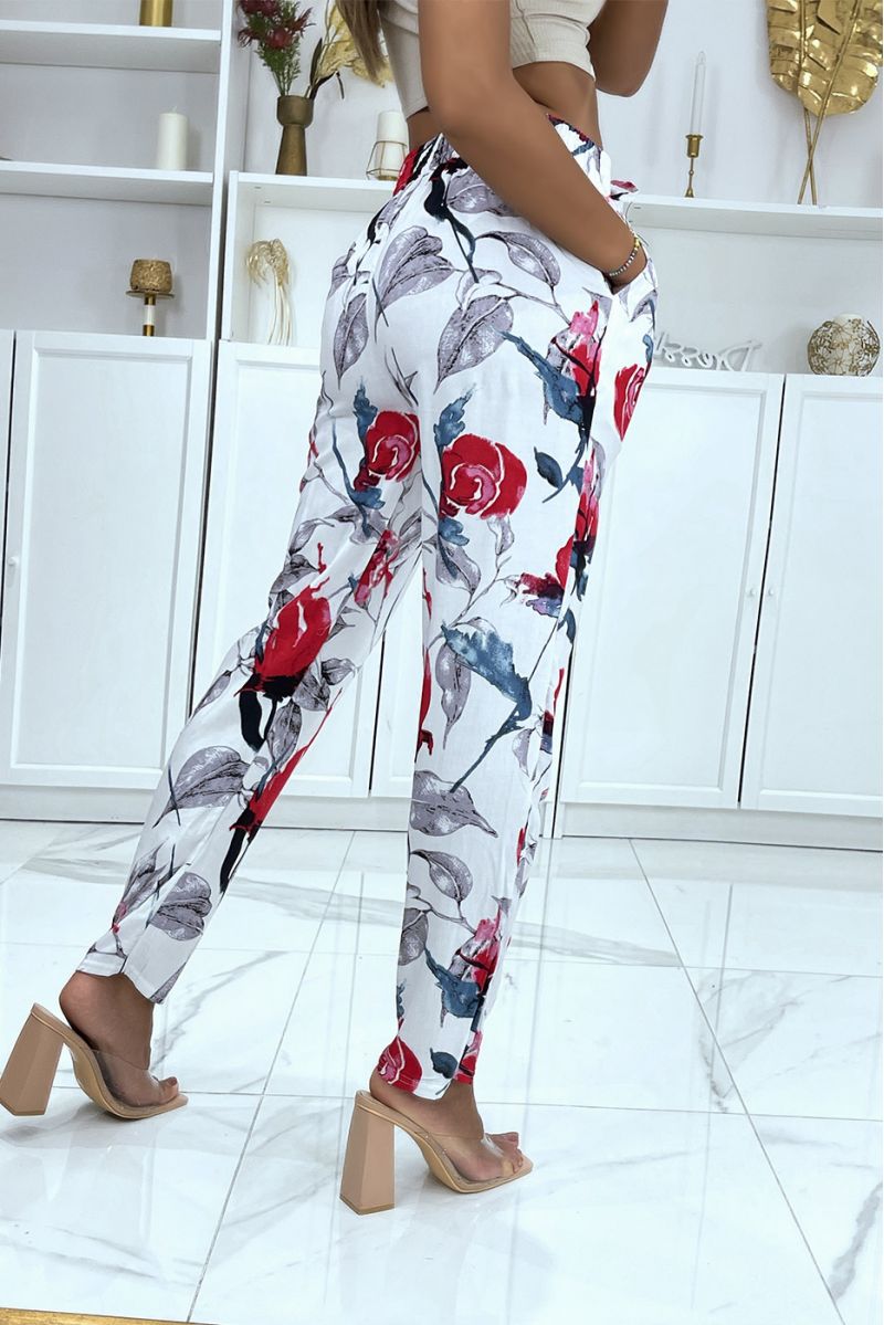 Straight-cut white flowing pants with large tropical print - 4