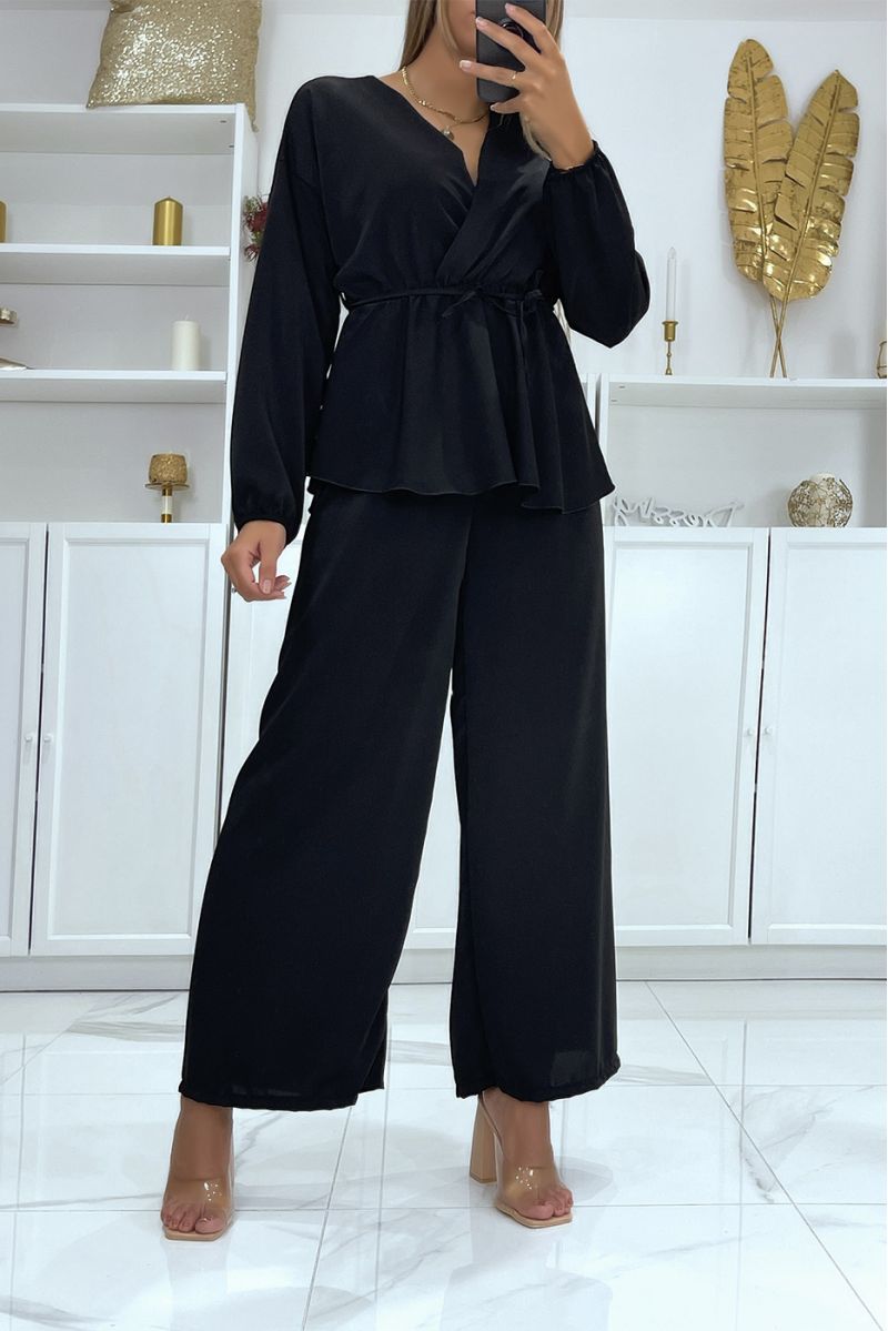 Black double breasted top and palazzo pants set - 1