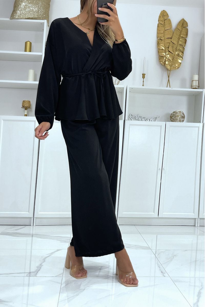 Black double breasted top and palazzo pants set - 3