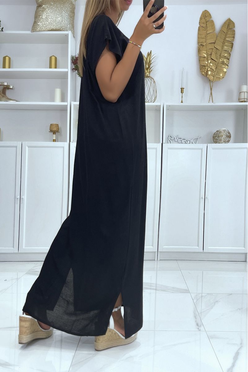 Zwarte djellaba-jurk zeer comfortabel om te dragen met mooi geborduurd patroon op de kraag versierd met strass-steentjes - 4