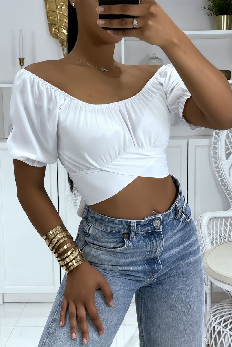 White crop top with bardot collar that crosses under the bust and ties at the back - 1