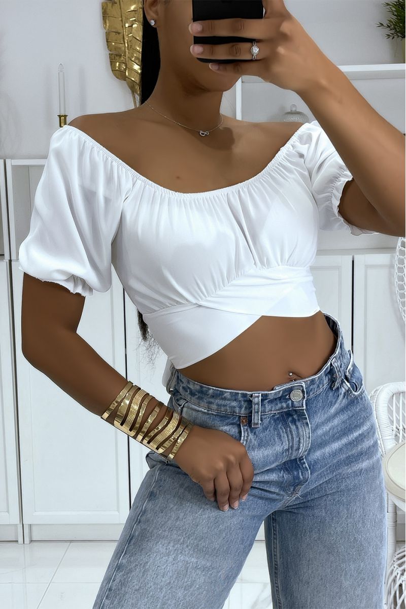 White crop top with bardot collar that crosses under the bust and ties at the back - 2
