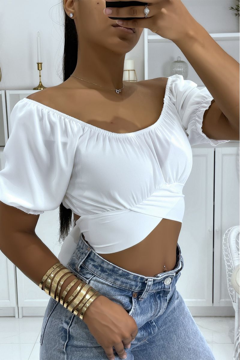 White crop top with bardot collar that crosses under the bust and ties at the back - 3