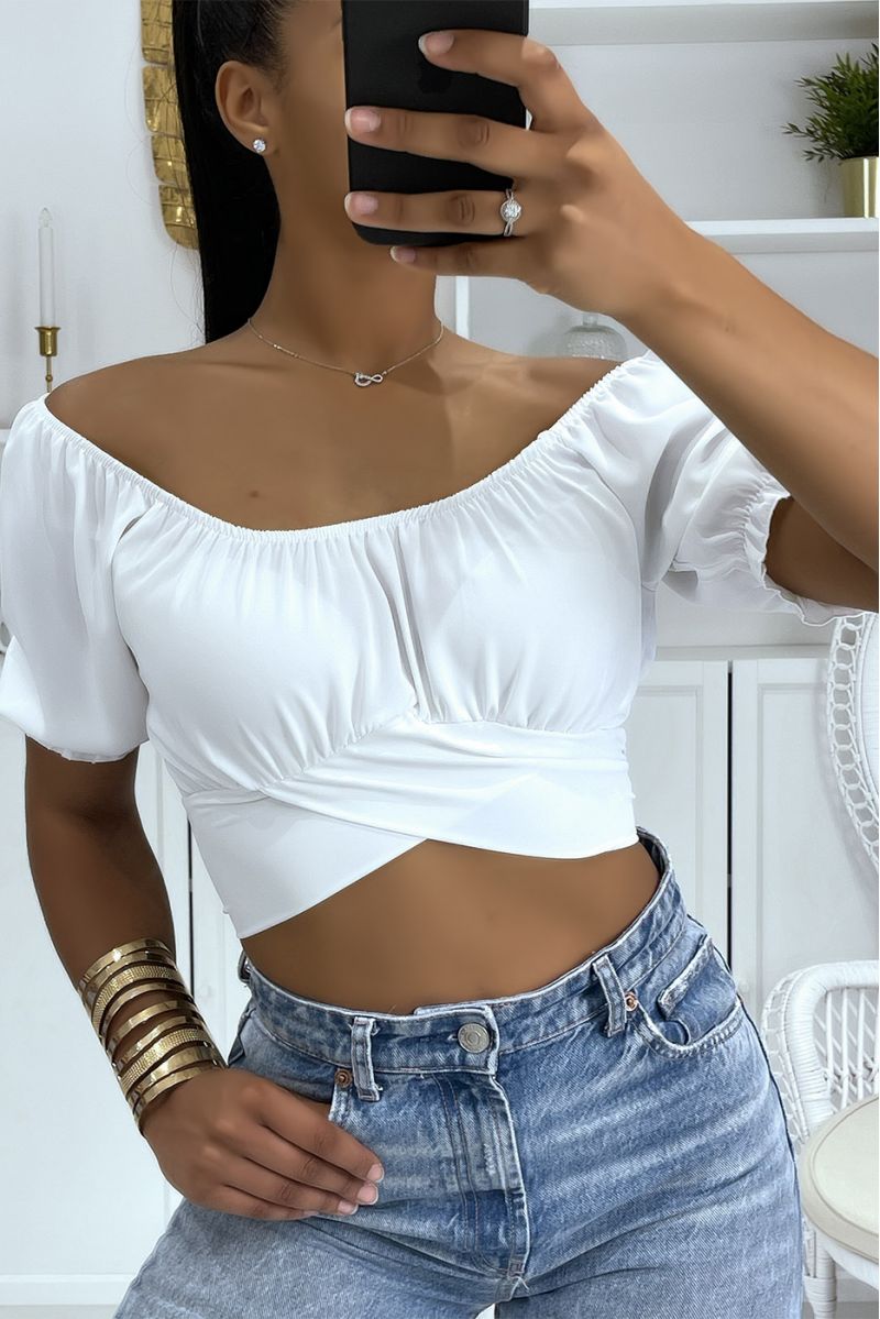White crop top with bardot collar that crosses under the bust and ties at the back - 4