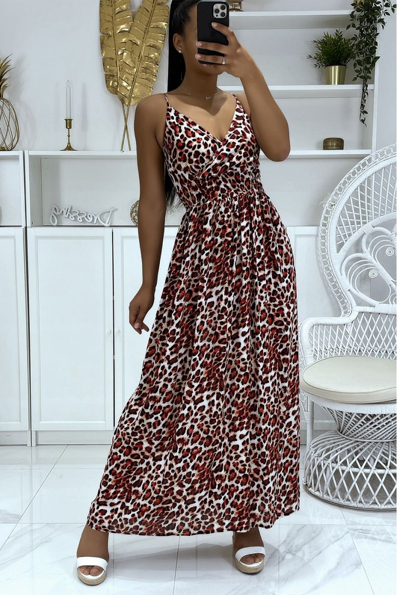 Long red leopard pattern wrap dress - 1