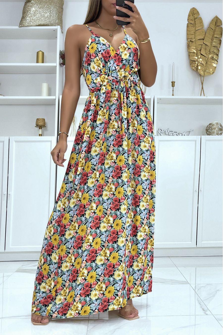 Long yellow wrap dress with floral pattern - 1