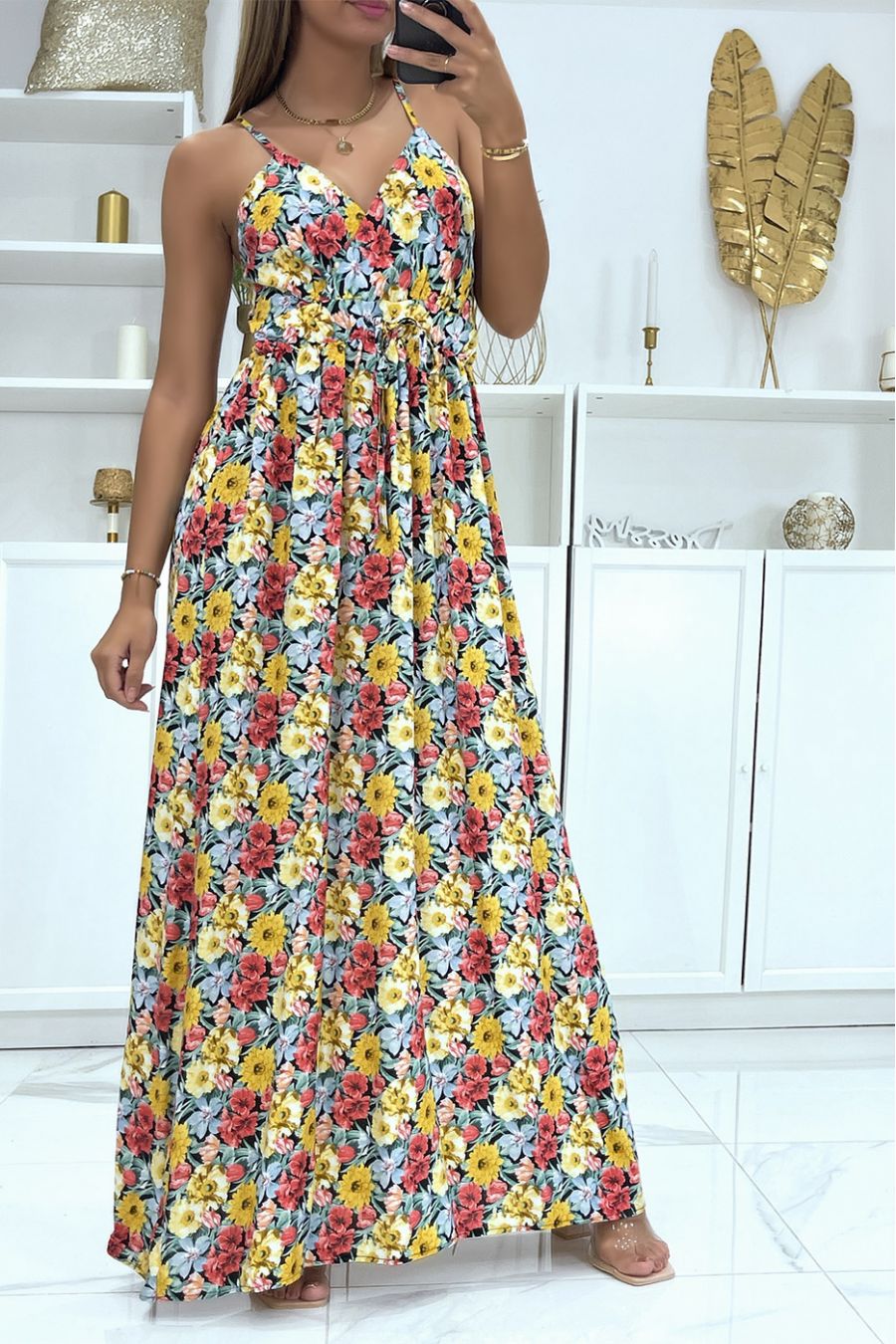 Long yellow wrap dress with floral pattern - 2