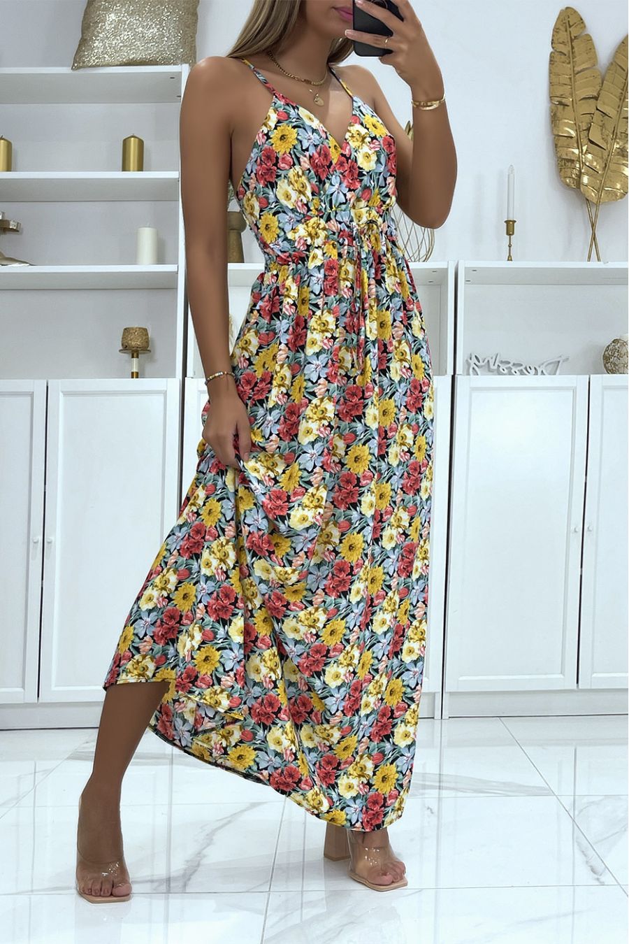 Long yellow wrap dress with floral pattern - 3