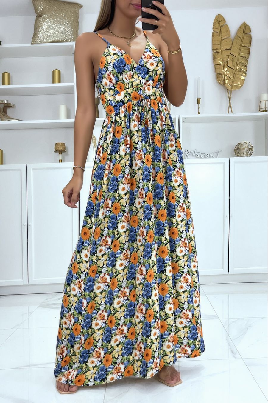 Long orange wrap dress with floral pattern - 1
