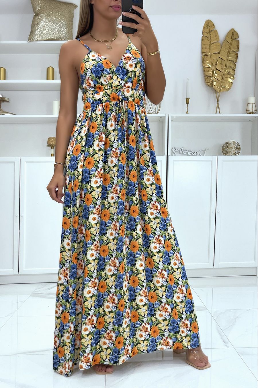 Long orange wrap dress with floral pattern - 2