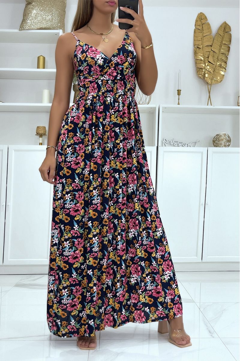 Longue robe cache coeur avec jolis motif fleuris marine - 2