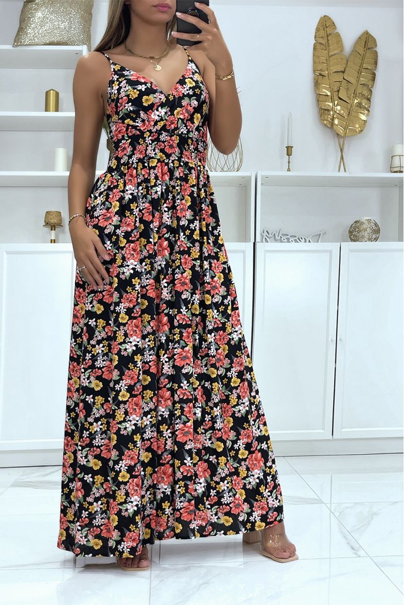 Longue robe cache coeur avec jolis motif fleuris noir - 2