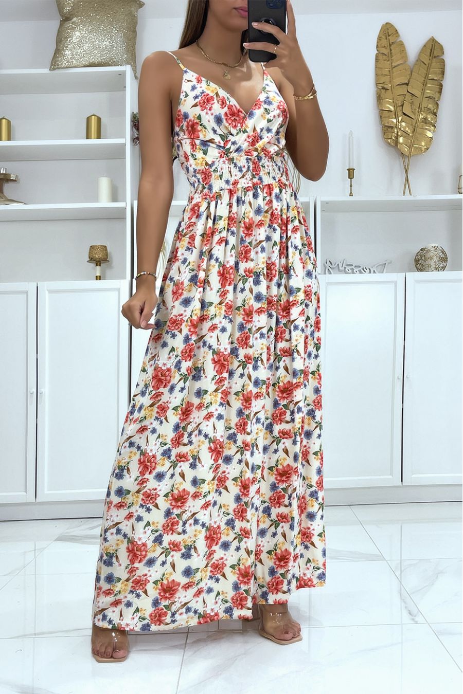 Longue robe cache coeur avec jolis motif fleuris beige