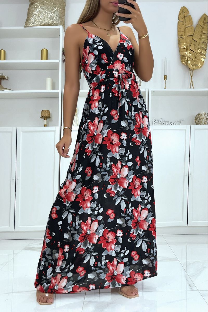 Long black floral pattern wrap dress with removable strap - 1