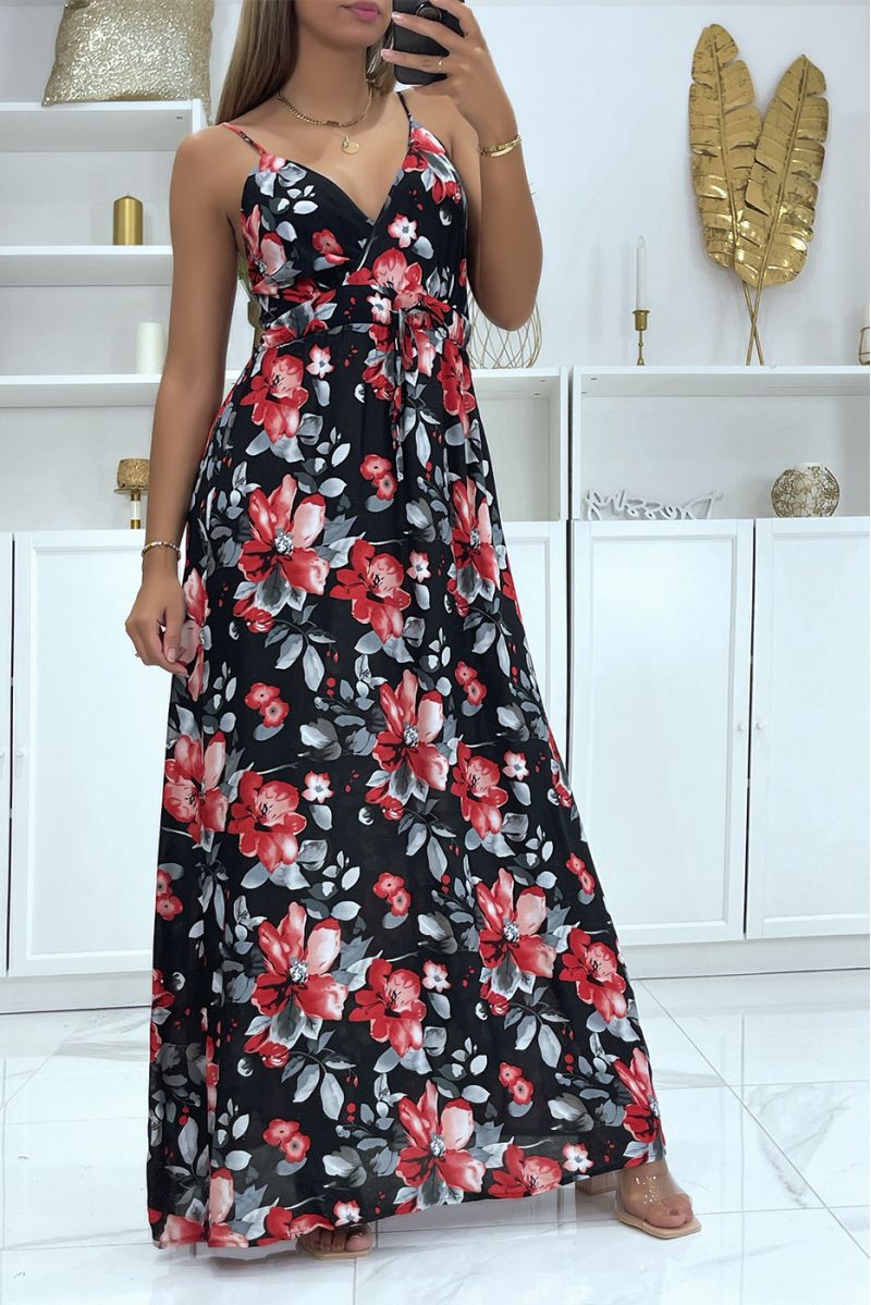 Long black floral pattern wrap dress with removable strap - 2