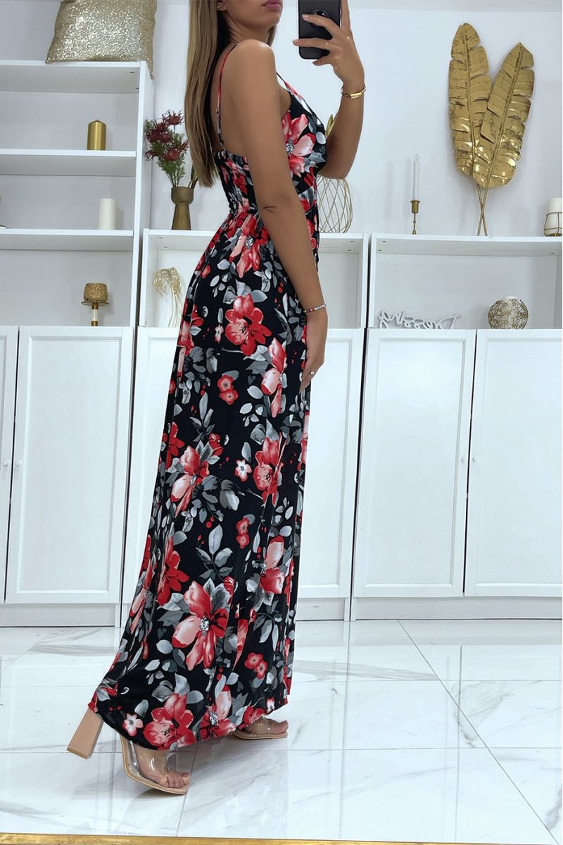 Long black floral pattern wrap dress with removable strap - 3