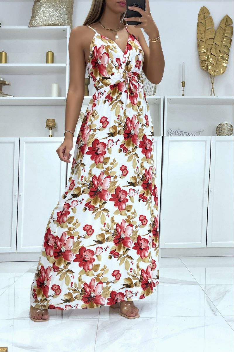 Longue robe croisé motif fleuris blanche avec bretelle amovible - 1