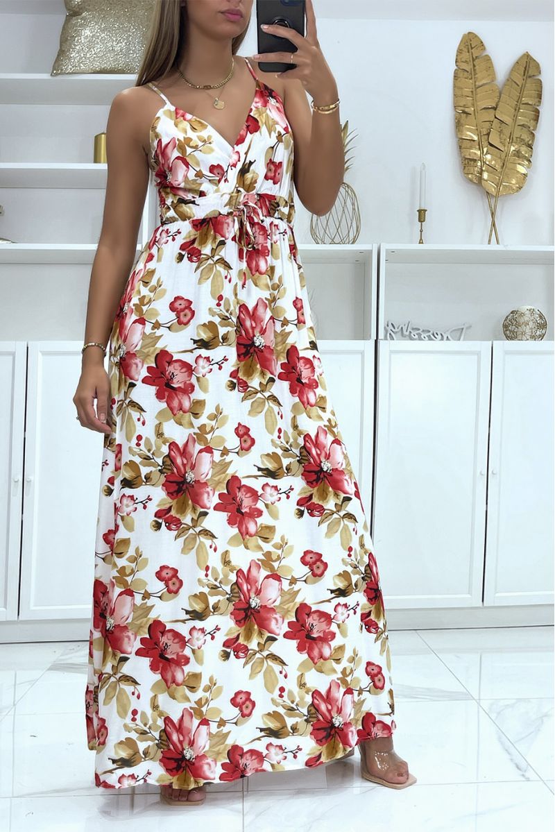 Longue robe croisé motif fleuris blanche avec bretelle amovible - 2