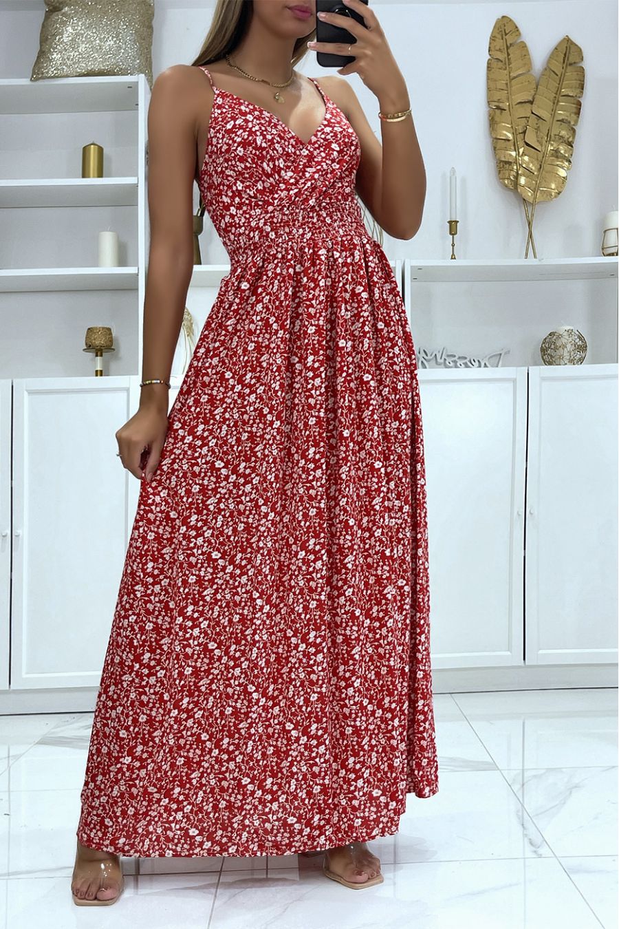 Long red dress with floral pattern and removable strap - 1