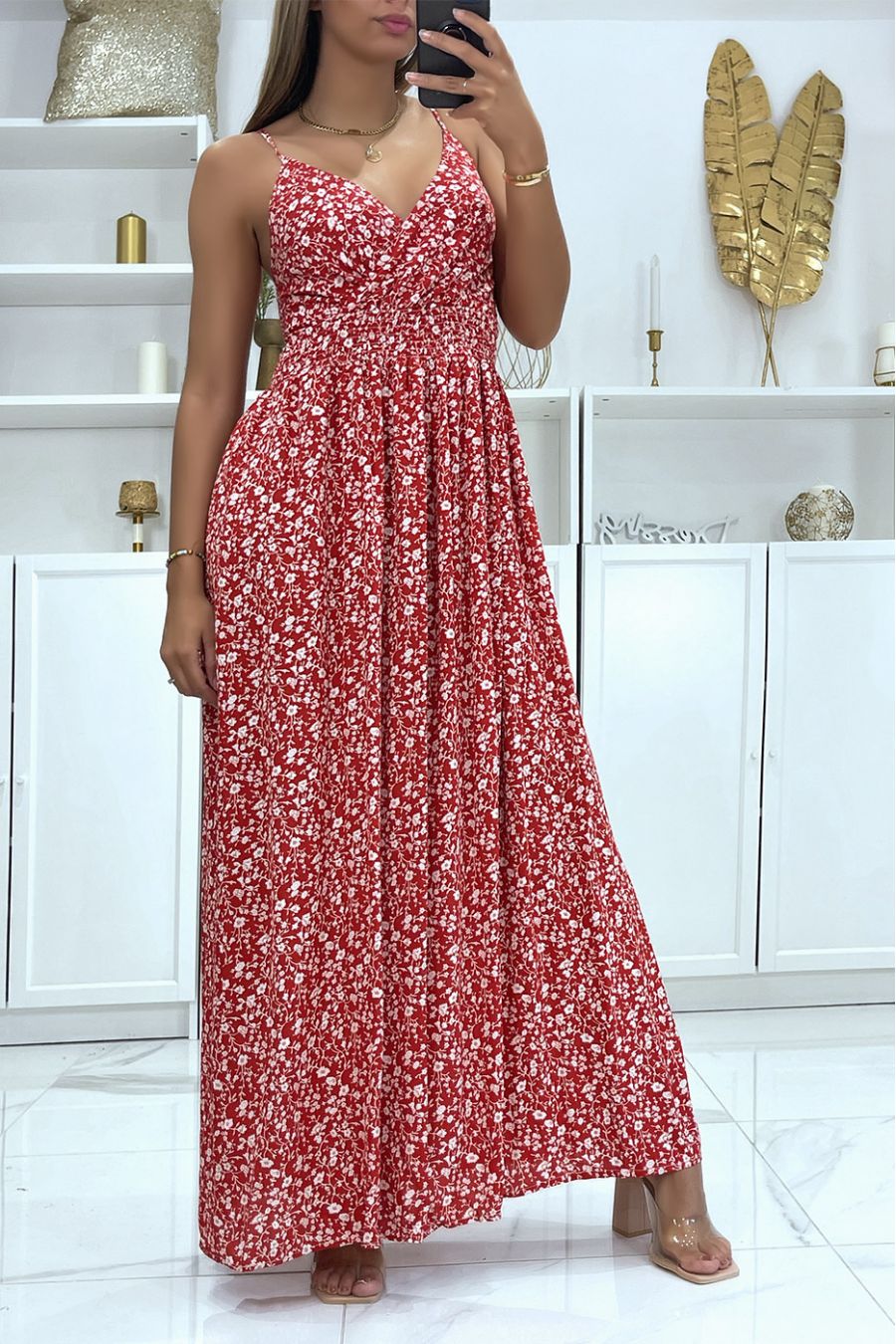 Longue robe rouge avec motif fleuris et bretelle amovible - 2