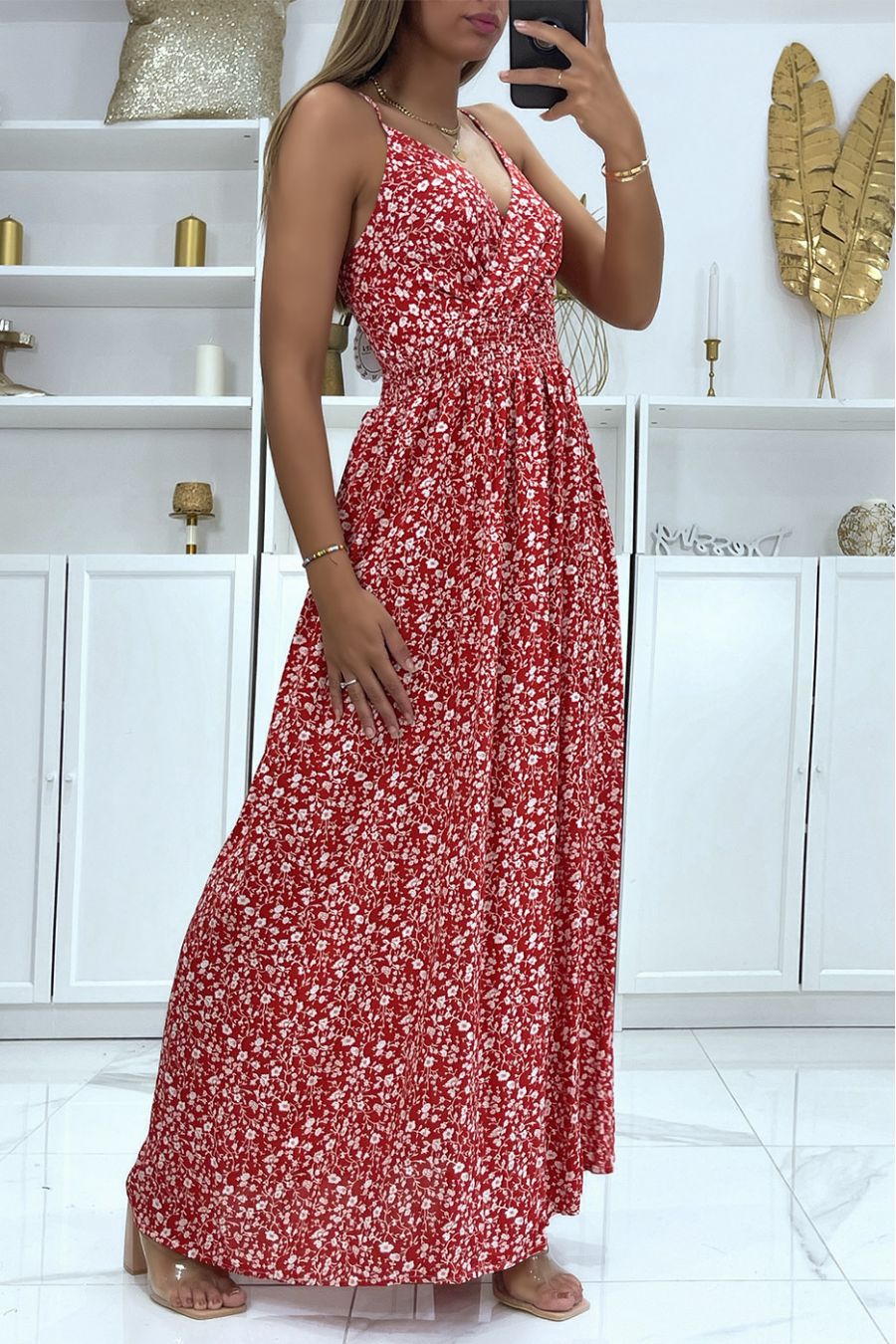 Long red dress with floral pattern and removable strap - 3