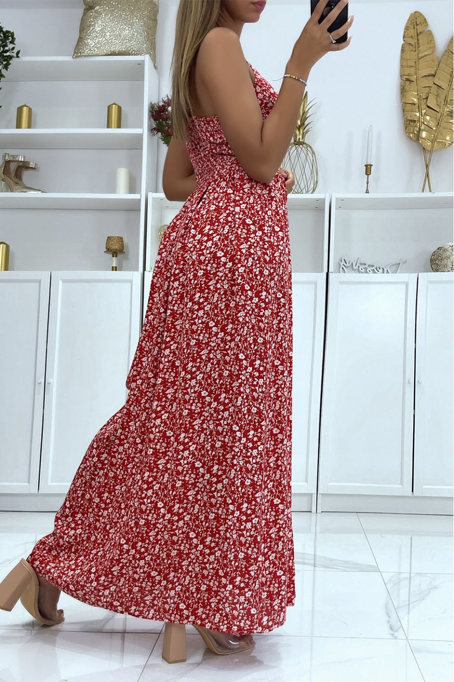 Long red dress with floral pattern and removable strap - 4