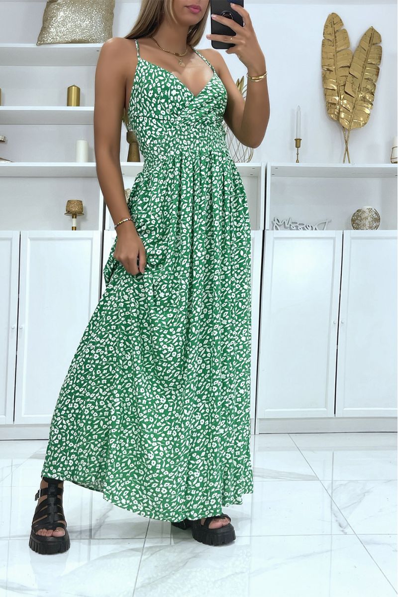 Longue robe verte avec motif fleuris très chic  - 1