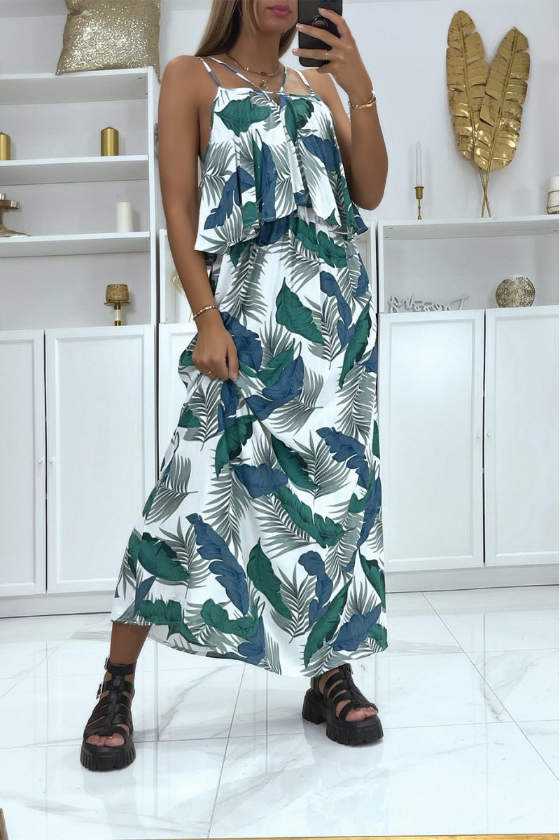 Longue robe blanc et verte motif feuille avec volant  - 1