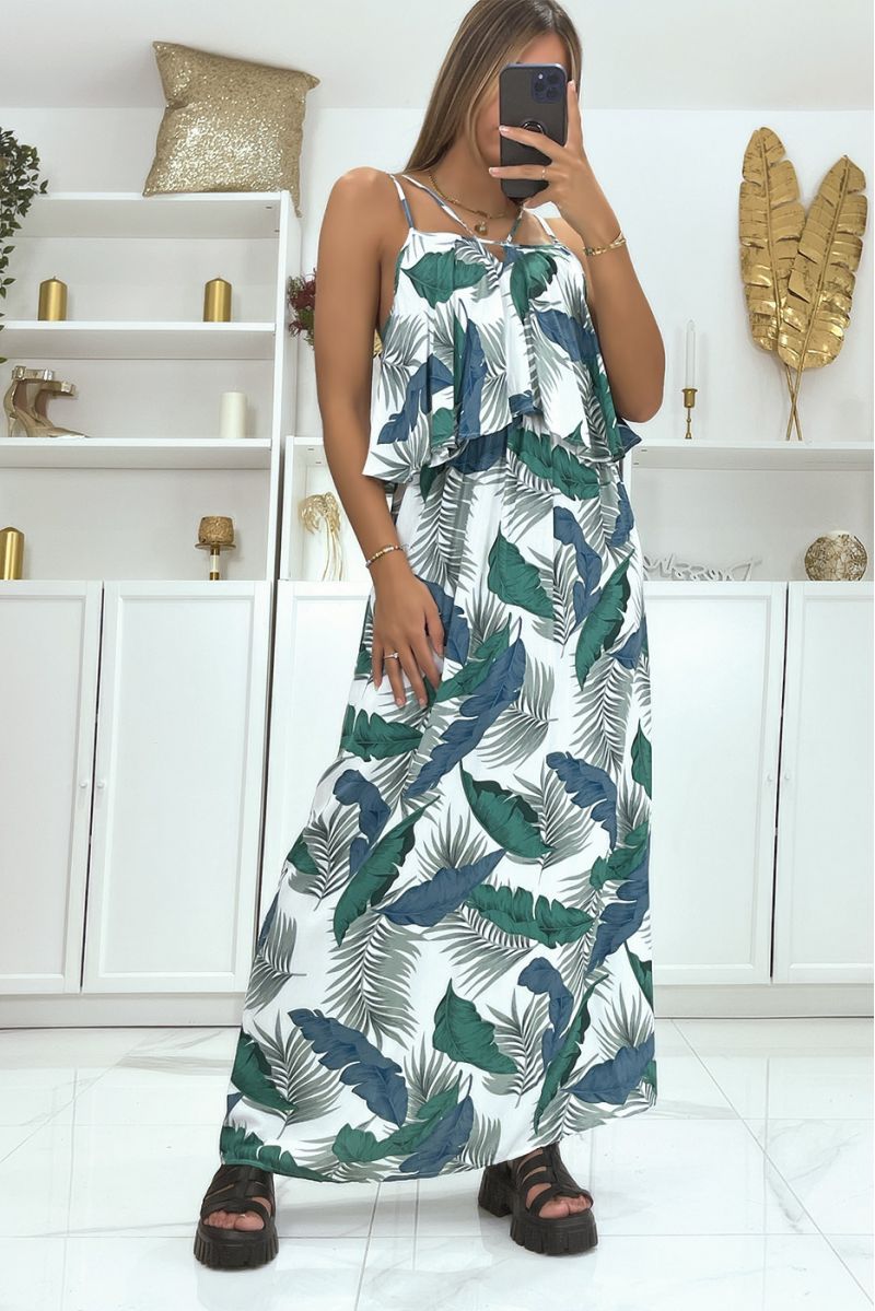 Long white and green leaf pattern dress with flounce - 3