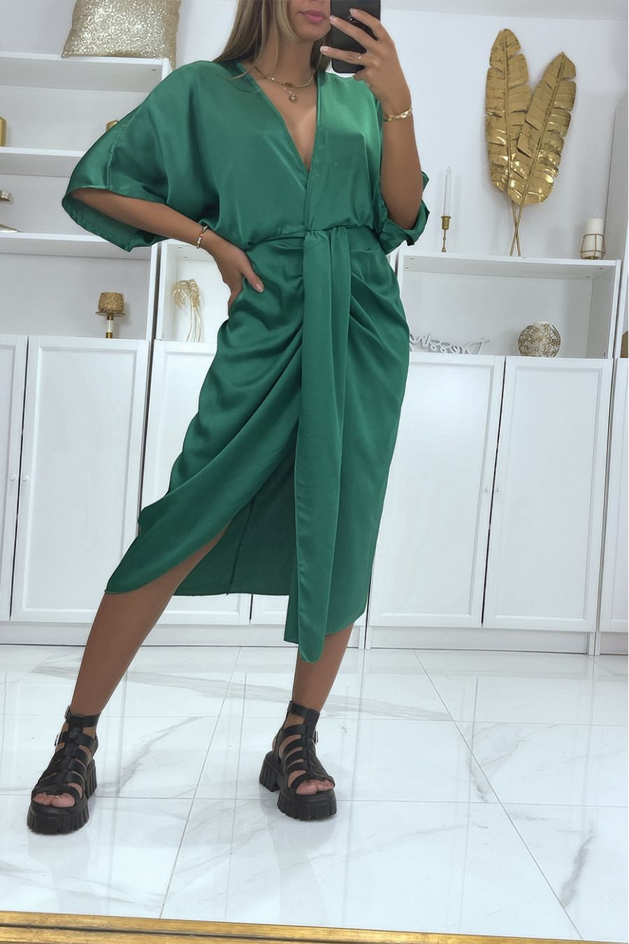 Green Satin Kimono Cross Front Dress - 1