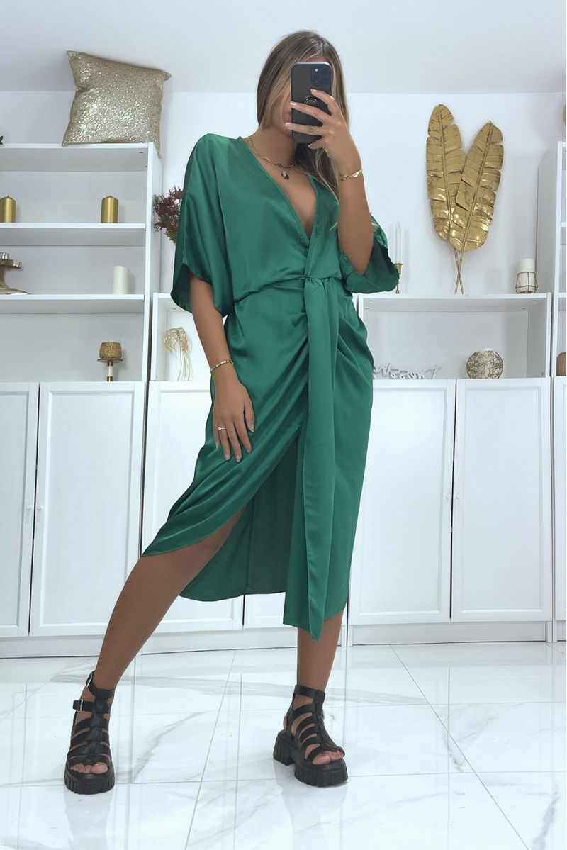 Green Satin Kimono Cross Front Dress - 3