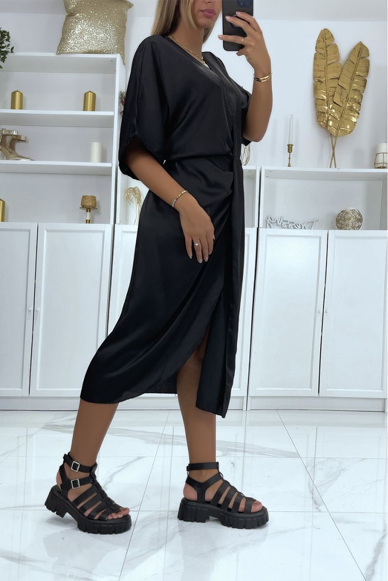 Black satin kimono dress crossed at the front - 5