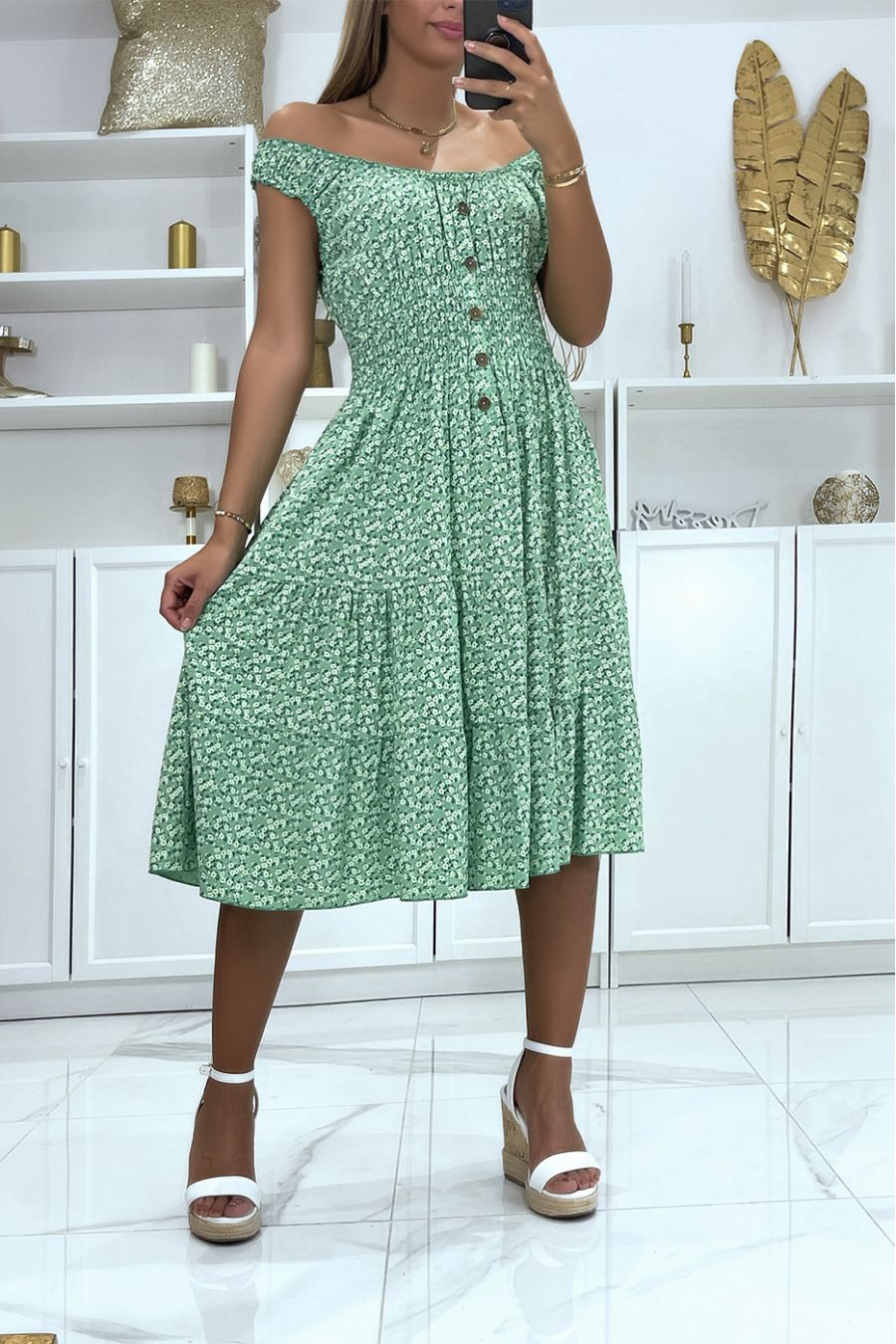 Robe mi long col bateau motif liberty vert  - 1