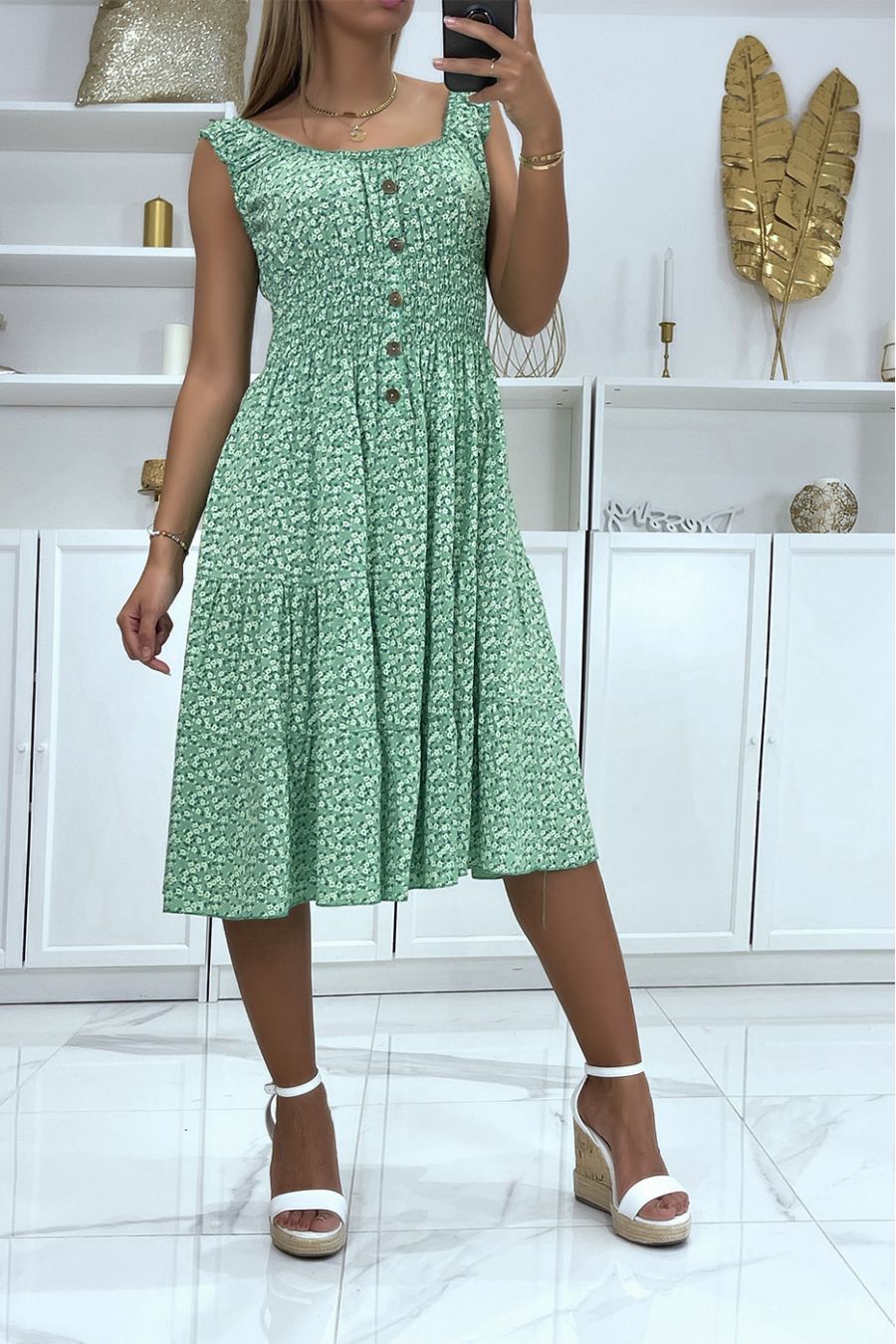 Robe mi long col bateau motif liberty vert  - 3
