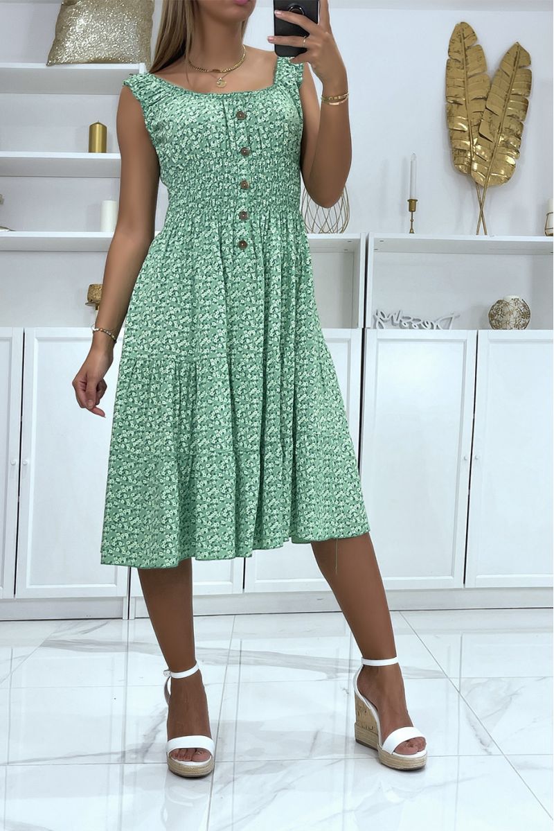 Mid-length dress with boat neck and green liberty motif - 3