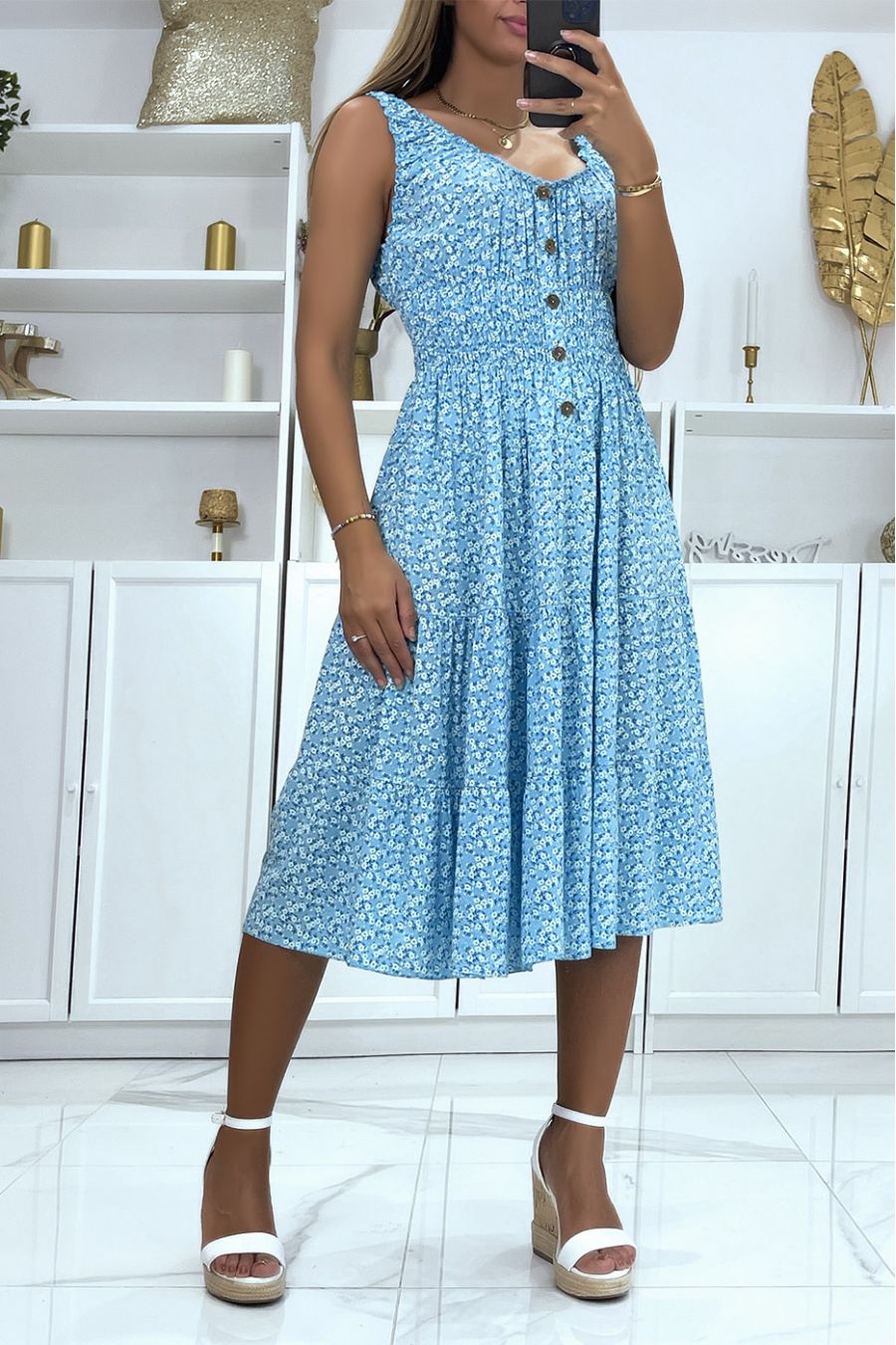 Robe mi long col bateau motif liberty turquoise  - 1