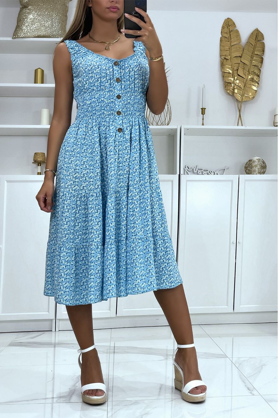 Halflange jurk met boothals en turquoise Liberty-motief - 2