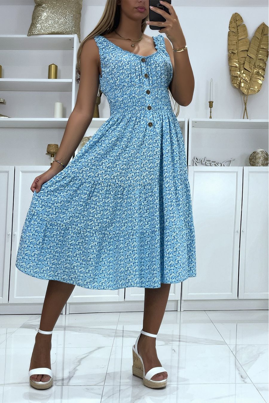 Mid-length boat neck dress with turquoise liberty motif - 3