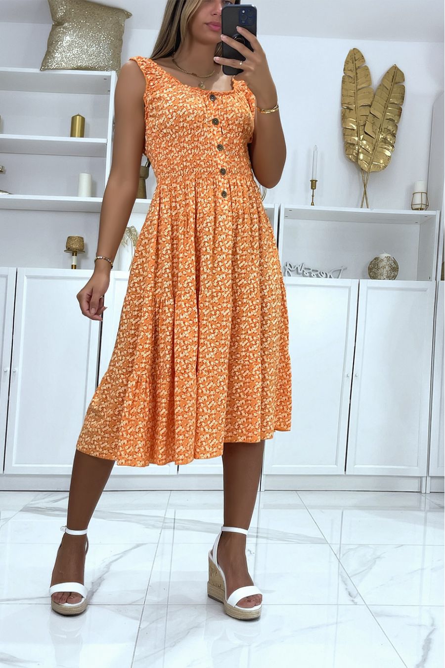 Robe mi long col bateau motif liberty orange  - 1