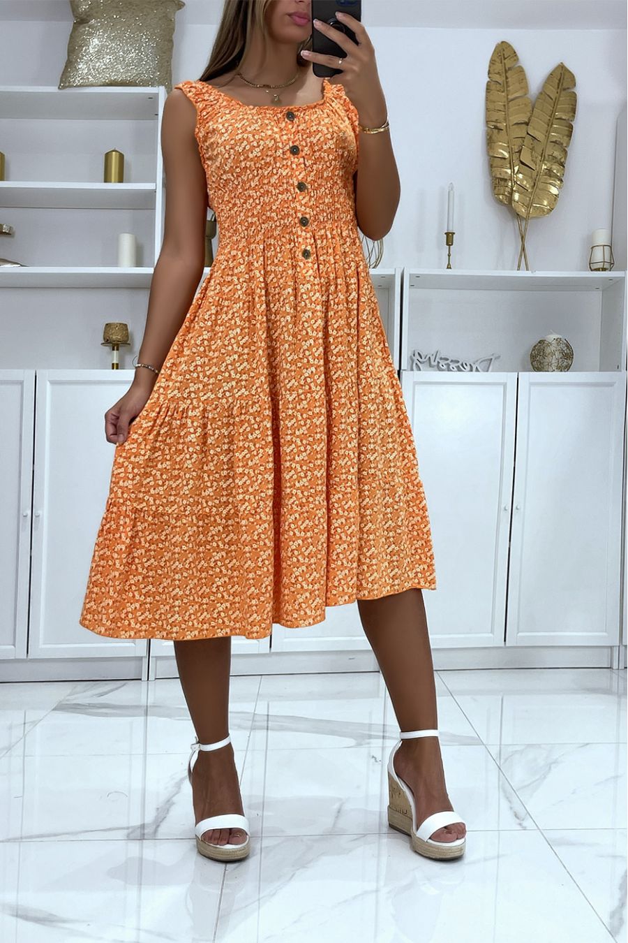 Robe mi long col bateau motif liberty orange  - 2